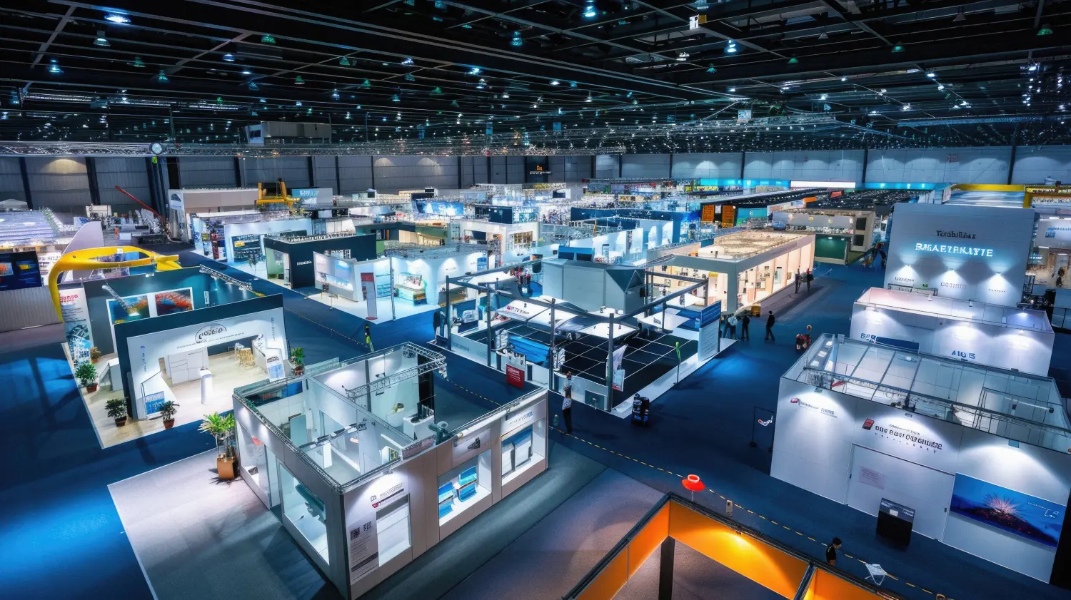 Ein großes Kongresszentrum mit vielen Ständen und Menschen